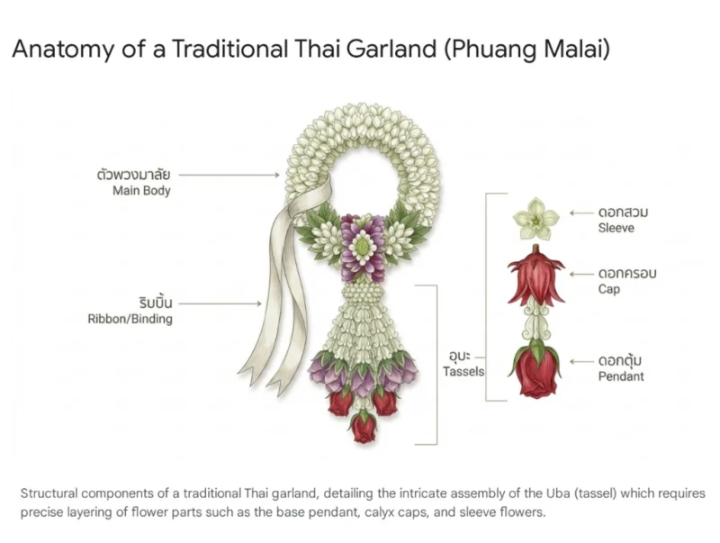 ภาพแผนผังอธิบายองค์ประกอบของพวงมาลัยไทยแบบดั้งเดิม แสดงโครงสร้างหลัก ได้แก่ ตัวพวงมาลัย ริบบิ้น และรายละเอียดการร้อยอุบะที่ต้องใช้ความประณีต ซึ่งประกอบด้วย ดอกสวม ดอกครอบ และดอกตุ้ม